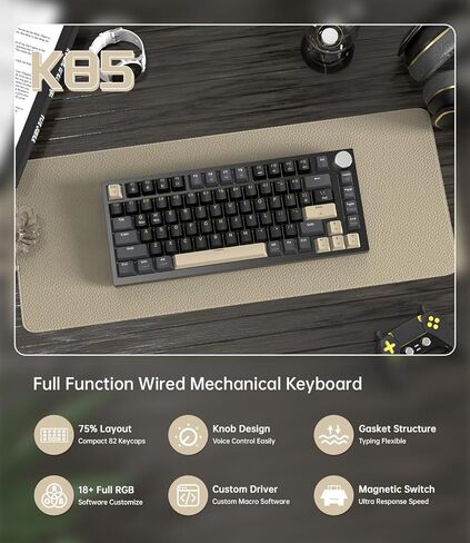 ATTACK SHARK K85 Rapid Trigger Gaming Keyboard with Coiled Cable, 82 Keys Wired Mechanical Keyboard, Magnetic Switch Actuation Point Adjustable, Gasket, PBT Keycaps, Knob, for DKS/MT/TGL/PC/Mac(Black) in Kuwait