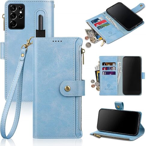 Antsturdy Compatible with Samsung Galaxy S21 Ultra Wallet case with Card Holder for Women Men Phone case RFID Blocking PU Leather Flip Cover with Strap Zipper Credit Card Slots,Rose Gold in Kuwait