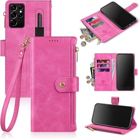 Antsturdy Compatible with Samsung Galaxy S21 Ultra Wallet case with Card Holder for Women Men Phone case RFID Blocking PU Leather Flip Cover with Strap Zipper Credit Card Slots,Rose Gold in Kuwait