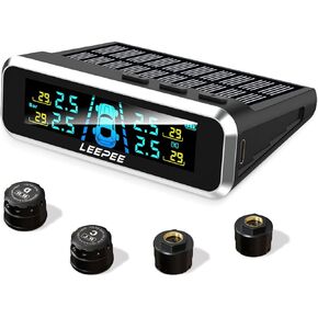 leepee S13 Car Tire Pressure Monitoring System, USB/Solar TPMS 0-87PSI for RV, Auto Security Alarm Systems Digital LCD Display, Trailer TPMS with 4 Sensors & 5 Alarm Modes