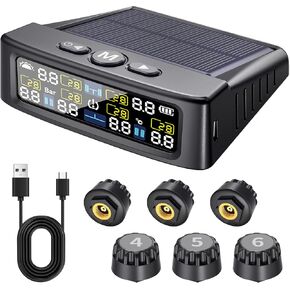 RV Tire Pressure Monitoring System, Tire Pressure Monitor with Solar Charge, TPMS with 6 Sensors & 6 Alarm Modes, M12-3 TPMS Updated Color LCD Display,0-9.9BAR, 144PSI for RV/Trailer/Truc IP67