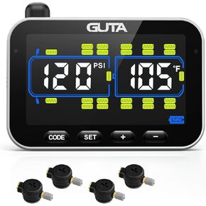 GUTA Tire Pressure Monitoring System, RV Trailer TPMS with 10 Flow Thru Sensors & Color LCD Display, 6 Alert Modes, Signal Booster, Long-Distance Sensing, for Trailer, Trucks, Motor Home (0-188 PSI)