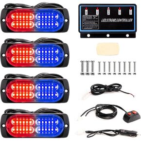 Booyu 4-PCS مزامنة ميزة LED الطوارئ Strobe Lights Ultra Slim Grille Surface Mount Wlashing Bar Bar W/Controller للبناء ، رجال الإطفاء ، الشاحنات ، المركبات ، السيارة (العنبر/الأبيض)