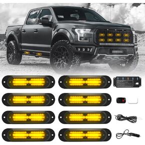 8Pcs Amber White Strobe Lights for Trucks, LED Emergency Warning Flashing Grille Lights Surface Mount Ultra Slim Sync with Control Box for Construction Firefighter Trucks Vehicles Car