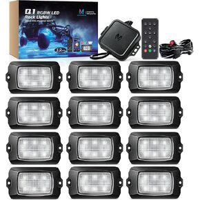 Mictuning Q1 RGBW LED LIGHT LIDS ، 12 PODS LUSMENT MUNTICOLOR LIGHT NEON مع مجموعة مفاتيح الأسلاك ، وحدة تحكم تطبيق Bluetooth والتحكم عن بُعد في وضع وميض MODE MODE WELL LIGH