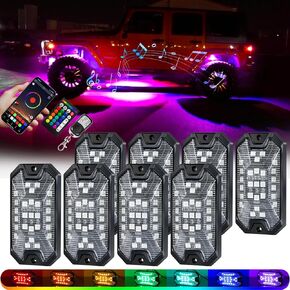 8 قرون 5 جوانب RGB LED Rock Lights Kits High Brightness 27 Beads RGBW 5050 IP68 Underproof Underglow Multicolor Zone Neon Outside Rock Lights for 12V Truck