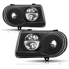 Headlights Assembly Compatible with 2005 2006 2007 2008 2009 2010 Chrysler 300C Halogen Type Head Lamps, Black Housing