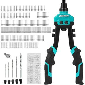 LIBRATON Pop Rivet Gun Kit, Two-Handed Rivet Gun, Heavy Duty Rivet Gun Kit, Pop Rivet Tool with 250 Aluminum Rivets in Box, 5 Tool-Free Interchangeable Nozzles, 5 HSS Drill Bits, for Automotive, Metal