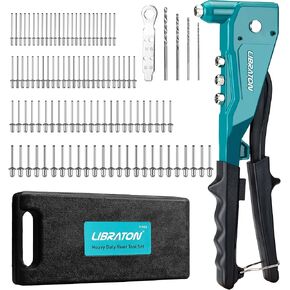Libraton Heavy Duty Rivet Gun, Pop Rivet Gun Set, Professional Hand Riveter, Manual Riveting Tool with 110Pcs Rivets and 4 Interchangeable Heads, for Metal, Wood and Plastic