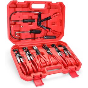 9pc Hose Clamp Pliers, for Fuel Oil & Water Hoses，with Flexible Wire Long Reach Hose Clamp Clic R Type Swivel Jaw and Flat Band Pliers