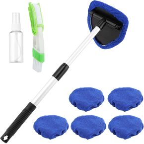 Windshield Cleaner Tool, Microfiber Windshield Cleaning Tool, with Extendable Handle | 6 Reusable Cloth Pads | 1 Spray Bottle | 1 Air Outlet Brush, Car Windshield Cleaner