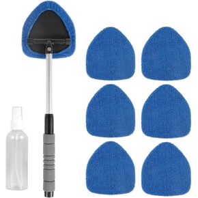 qixiang 6pcs Windshield Cleaning Tool,Car Window Cleaner with 6 Reusable and Washable Microfiber Pads and Extendable Handle Auto Inside Glass Wiper