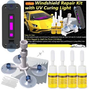 Windshield Repair Kit, Windshield Crack Repair Kit 4 Pack, Windscreen Repair Kit with Enhanced Injection Head Suction Cup UV Curing Light, Windshield Chip Repair Kit for Chips, Scratches, Cracks ﻿