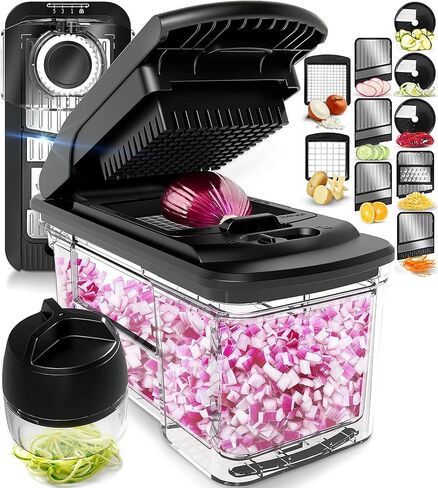 يشمل مروحية الخضار في Fullstar All -in -1 ، Slicer و Cheese Gather - Franch Fry Cutter & Veggie Dicer - Cheese Slicer - مكافأة يدويًا يدويًا (6 في 1 ، أسود/أبيض) in Kuwait