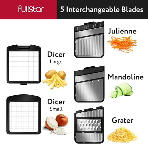 يشمل مروحية الخضار في Fullstar All -in -1 ، Slicer و Cheese Gather - Franch Fry Cutter & Veggie Dicer - Cheese Slicer - مكافأة يدويًا يدويًا (6 في 1 ، أسود/أبيض) in Kuwait