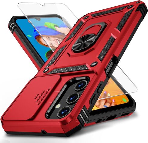 for Samsung Galaxy A25 5G Case with Slide Lens Cover, HD Screen Protector, Military Grade Drop Protection, Magnetic Rotated Ring Holder Kickstand Phone Case for Samsung Galaxy A25 5G (Black) in Kuwait