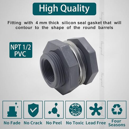 NPT1/2 PVC Bulkhead Fitting, Plastic Pipe Connector for rain Barrel Garden Hose Adapter Spigot kit Water Tank Gallon Drain Bucket (pack of 4 pcs) in Saudi Arabia