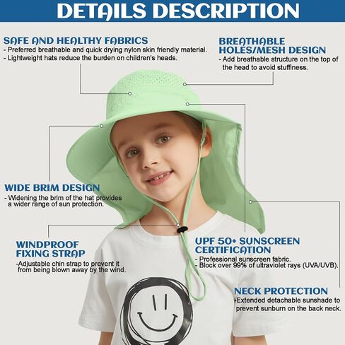 SeekTop في الهواء الطلق Kids Sun Hat Boys Sun Hat Girls Beach Hat Upf 50+ Wids Bucket Hat Wide Brim Kids Fishing Safari Hat in Kuwait