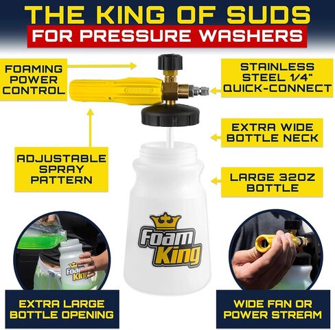 Foam King Foam Cannon for Pressure Washer, Car Wash Soap Sprayer with 1/4" Quick Connector, Wide-Neck Bottle, Adjustable Snow Foam Blaster for Auto Detailing, Trucks, Motorcycles & More in Saudi Arabia