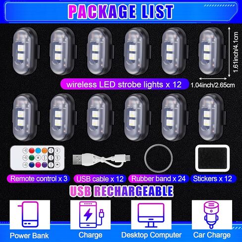 Xuhal 12 Pcs Magnetic Wireless LED Strobe Lights with Remote Control 8 Color RGB High Brightness Waterproof Anti Collision USB Warning Light for Car Motorcycle RC Aircraft Bike (Strong Magnetic,Black) in Saudi Arabia