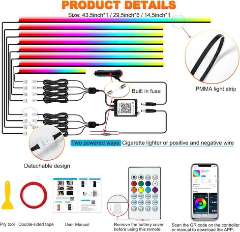 أضواء الشريط LED للسيارة الداخلية ، مصابيح LED الأكريليك للسيارة مع مطاردة Dreamcolor الديناميكية ، مجموعات الإضاءة المحيطة Music Music App App و RF Remote (10 في 1) in Kuwait
