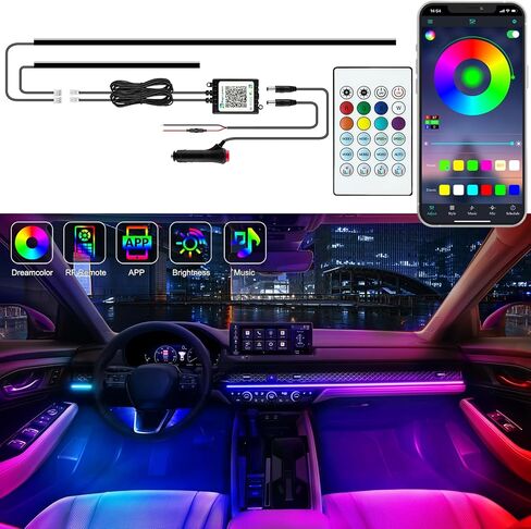 أضواء الشريط LED للسيارة الداخلية ، مصابيح LED الأكريليك للسيارة مع مطاردة Dreamcolor الديناميكية ، مجموعات الإضاءة المحيطة Music Music App App و RF Remote (10 في 1) in Kuwait