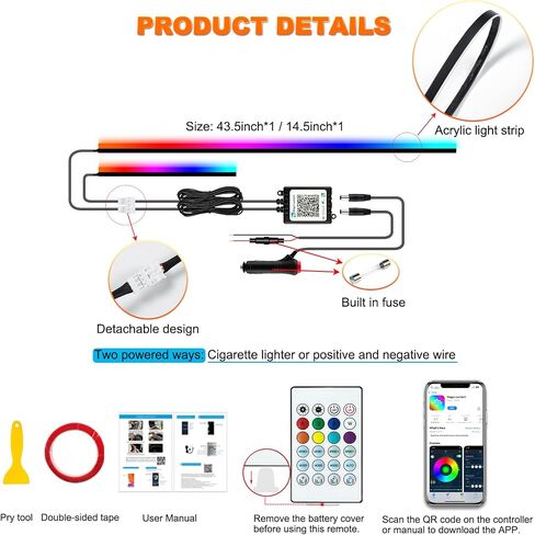 أضواء الشريط LED للسيارة الداخلية ، مصابيح LED الأكريليك للسيارة مع مطاردة Dreamcolor الديناميكية ، مجموعات الإضاءة المحيطة Music Music App App و RF Remote (10 في 1) in Kuwait