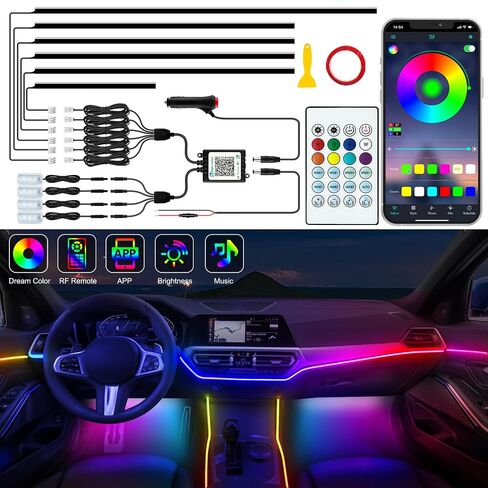 أضواء الشريط LED للسيارة الداخلية ، مصابيح LED الأكريليك للسيارة مع مطاردة Dreamcolor الديناميكية ، مجموعات الإضاءة المحيطة Music Music App App و RF Remote (10 في 1) in Kuwait