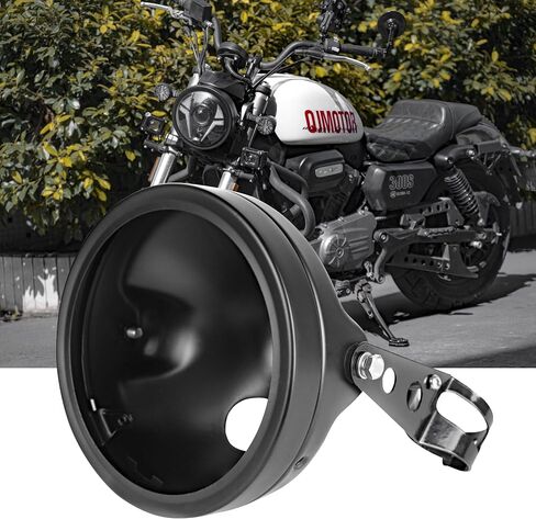 7 Inch Motorcycle Headlight Housing Bucket Black Carbon Steel Corrosion-Resistant Front Light Shell with 32-40mm Fork Tube Side Mount Brackets,Housing Only in Kuwait
