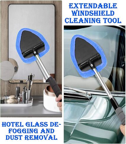 Windshield Window Cleaner Tool, Windshield Cleaner Car Windshield Cleaning Tool with Reusable Microfiber Pads Glass Wiper Kit with Extendable Handle Car Window Cleaner for Car Cleaning (1, Pink) in Kuwait