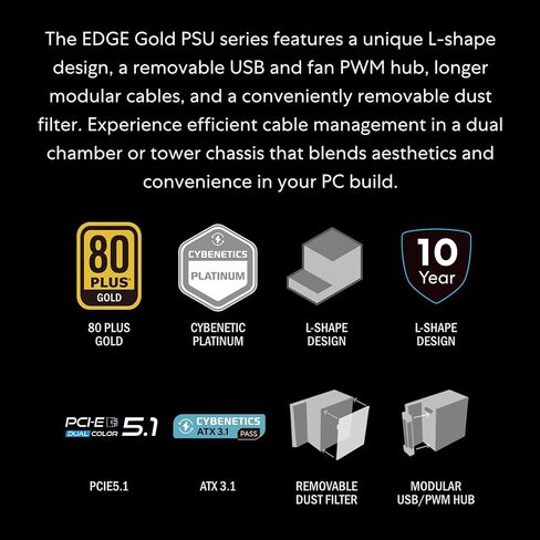 Lian Li Edge Series - 750W Full Modular Power Supply - Gold - ATX 3.1 - PCIE 5.1 Support - 12V-2x6 Connector - L-Shape Design for Dual Chamer Case - Without USB/Fan Hub - White (EG0750G.B) in Kuwait
