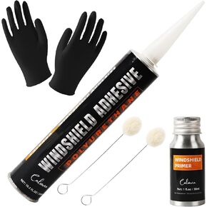 Urethane Windshield Adhesive 310ml, Automotive Polyurethane Sealant, Car Glass Chip & Crack Repair Kit with 1 windshiel Primer, 1 Pair Gloves, 2 Applicator Sticks, Quick Curing, Black