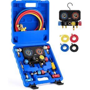 مقاييس AC AC Orion Motor Tech ، مقاييس ذات 4 طرق تم تعيينها لـ R1234YF R134A R404A المبرد ، مجموعة سيارات مع خراطيم مقرنات سريعة يمكن أن تنطلق من أجل شحن وإخلاء السيارات