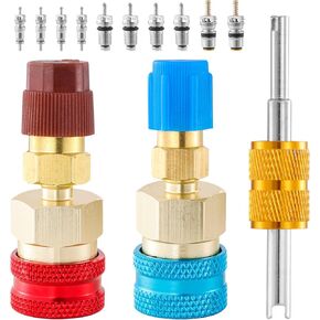 R1234YF Quick Coupler Kit, R1234yf to R134a Quick Coupler Adapter, R1234YF High and Low Side Quick Couplers Kit with R134A R12 R22 Valve Core for AC Charging Refrigerant Air Conditioning System