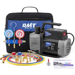 Orion Motor Tech A2L AC Vacuum Pump and Gauge Set, for R1234yf R32 R134a R410A Systems with 3.5 cfm Sparkless Ignition Proof Vacuum Pump, 3 Way AC Gauges Quick Couplers Can Taps Hoses Thermometer