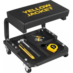 YELLOW JACKET Mechanic Rolling Stool 250 Lbs Capacity, Garage Stool on Wheels with Tool Tray Storage, Work Stools with Wheels for Garage, Shop, Mechanic Chair with Wheels, Auto Repair