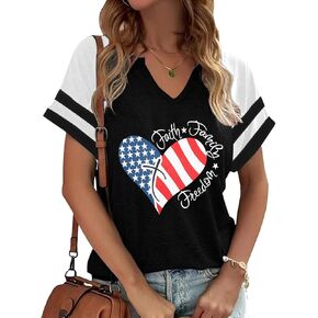 قمصان وطنية للنساء قميص العلم الأمريكي Faith Family Freedom جرافيك تي شيرت USA Star Stripes Tops