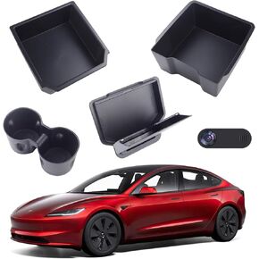 صينية منظم وحدة التحكم في مركز 5pcs لـ Tesla Model 3 Highland 2024 2025 صينية تخزين مسند الذراعين وصندوق تخزين مخفي ، ملحق حامل الكوب ، غطاء كاميرا كمبيوتر محمول