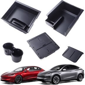 صينية منظم وحدة التحكم في مركز 5pcs لنموذج Tesla Y 2020-2024 و Model 3 2017-2023 صينية تخزين مسند الذراعين وصندوق تخزين مخفي ، حامل الكأس ، وسادة السيليكون اللاسلكي