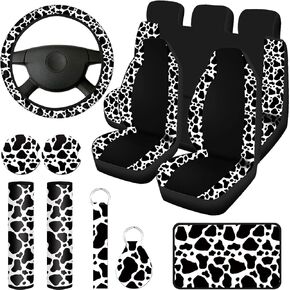 Frienda 13 Pcs Mixed Cow Print Car Seat Cover Full Set for Women Men Print Car Accessories Rubber Steering Wheel Armrest Pad Cover Seat Belt Pads Wrist Holder Keychain, White and Black in Kuwait