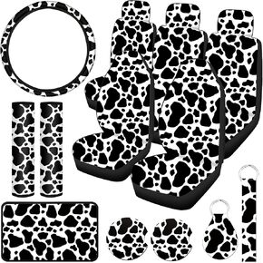 Frienda 13 Pcs Mixed Cow Print Car Seat Cover Full Set for Women Men Print Car Accessories Rubber Steering Wheel Armrest Pad Cover Seat Belt Pads Wrist Holder Keychain, White and Black