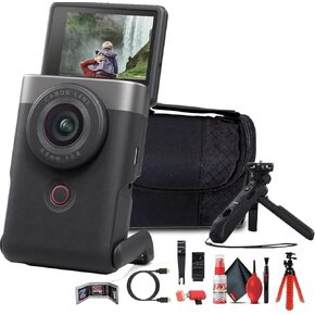Canon PowerShot V10 Content Creator Compact Vlogging Camera (Black) (5947C002) DM-E100 MIC + TRUPOD GRIP + 64GB بطاقة ذاكرة + حقيبة كاميرا + مجموعة ترايبود + كابل HDMI + أكثر (متجددة)