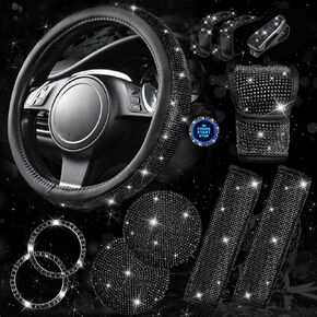 CAR PASS 11 PCS Bling Car Accessories for Women, Sparkly Rhinestone Diamond Steering Wheel Cover, Bling Seat Belt Cushion, Glitter Shift Knob Cover, Car Cup Holder Coaster, Cute Interior Sets Silver