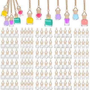 fasmov 100 pcs معلقة معطر الهواء المعطر ، 10 مل/8 مل/5 مل الفارغ الفارغ الزجاج الصافي الأساسي للزيت العطر العطور العطور العطور قلادة مع أغطية خشبية الحبل ، 5 نمط متنوع