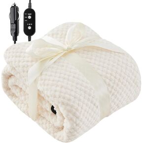 Heated Car Blanket 12/24 Volt Electric Blankets for car, Portable Heated Blanket for Car, Truck, SUV, RV & Camping, Machine Washable, with Temperature Controller, 59" x 43" Ivory White