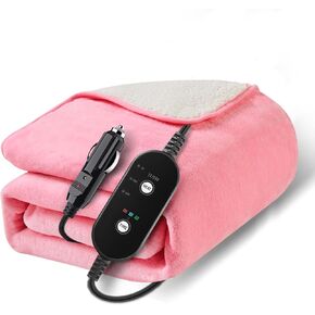 12V/24V Heated Car Blanket, Electric Blanket Flannel Heating Throw for Car, SUV, RV, or Camping, 60" x 44", Hi/M/Lo Heating Settings, Auto-Off Timer,Pink