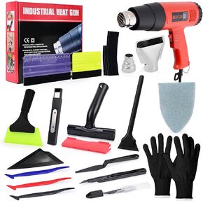 EHDIS Car Wrap Kit with Heat Gun Window Tint Vinyl Wrap Installation Tool Set with Felt Squeegee, Corner Tucking Stick,6 inch Razor Blade Scraper, Rubber Wipper,Film Cutter, Working Gloves