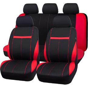 CAR-GRAND Universal Stylish Piping Cloth Car Seat Covers Full Set, Breathable and Washable Automotive Seat Covers with Air Compatible,3 Zipper Bench Design,Fit 90% SUV,Truck,Sedan (Black and Red)