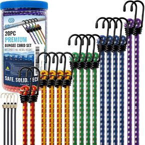 Goeasy0312 Premium Bungee Stills Huchice Duty - 20 pcs bungee الحبال مع السنانير في جرة تخزين تتضمن 10 "، 18" ، 24 "، 30" ، 36 "، 48" Bungie Cord Bundle