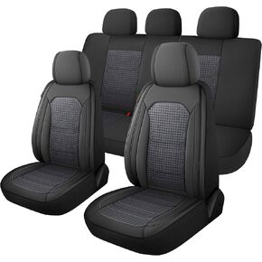 CAROMOP Premium PU Leather&Flannel Car Seat Covers 2 Front Set with Breathable Cloth,Universal Fit for Most Car Interior Covers-Sedan Truck SUV(Black/White)